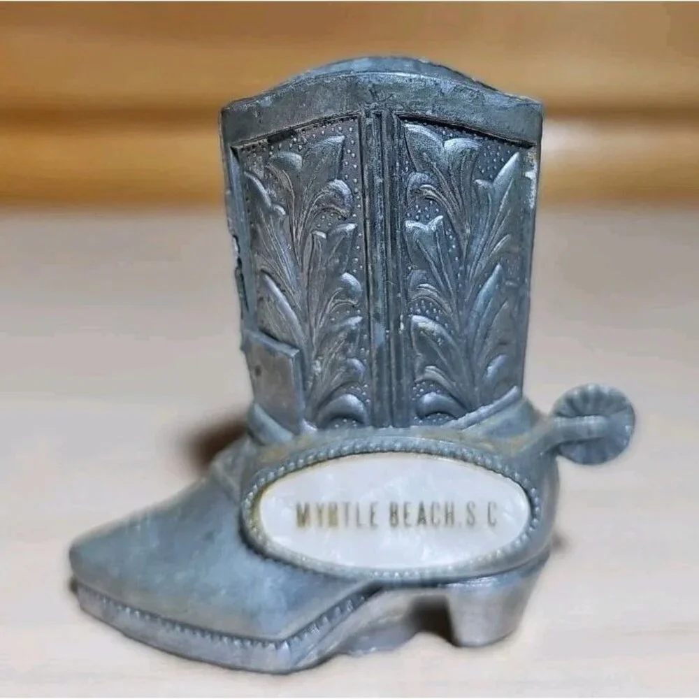 Vintage Myrtle Beach Metal Silver Cowboy Boots Salt and Pepper Shaker Made Japan